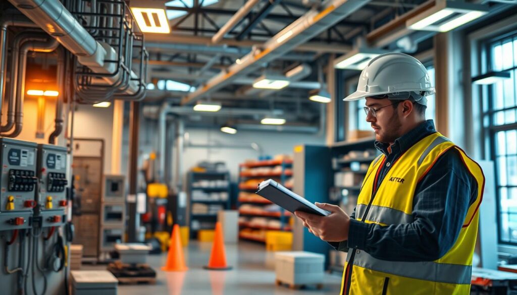 A well-lit industrial workplace, focused on electrical safety inspection. In the foreground, a technician in a hard hat and high-visibility vest carefully examines a circuit breaker panel, clipboard in hand. The middle ground features a mix of electrical equipment, conduits, and warning signs, creating a sense of technical complexity. The background showcases a spacious, organized workshop with shelves of tools and supplies, conveying a professional, safety-conscious atmosphere. Warm lighting from overhead fixtures casts a glow, while natural light streams in through large windows, illuminating the scene. The overall composition emphasizes the importance of thorough electrical safety inspections in a real-world industrial setting. A well-lit industrial workplace, focused on electrical safety inspection. In the foreground, a technician in a hard hat and high-visibility vest carefully examines a circuit breaker panel, clipboard in hand. The middle ground features a mix of electrical equipment, conduits, and warning signs, creating a sense of technical complexity. The background showcases a spacious, organized workshop with shelves of tools and supplies, conveying a professional, safety-conscious atmosphere. Warm lighting from overhead fixtures casts a glow, while natural light streams in through large windows, illuminating the scene. The overall composition emphasizes the importance of thorough electrical safety inspections in a real-world industrial setting.