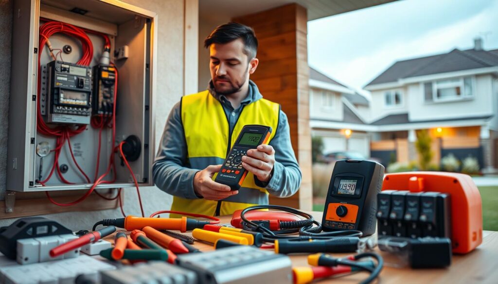A well-lit, meticulously detailed image of a professional electrical safety inspection service in progress. The foreground shows an experienced technician in a high-visibility safety vest, carefully examining the electrical panel of a modern residential building using a digital multimeter. The middle ground features the neatly organized tools of the trade - voltage testers, circuit breakers, and safety equipment. The background depicts the exterior of the home, showcasing its architectural elements and the surrounding neighborhood, conveying a sense of a comprehensive, thorough inspection service. The lighting is warm and inviting, creating a reassuring atmosphere of professionalism and attention to detail. A well-lit, meticulously detailed image of a professional electrical safety inspection service in progress. The foreground shows an experienced technician in a high-visibility safety vest, carefully examining the electrical panel of a modern residential building using a digital multimeter. The middle ground features the neatly organized tools of the trade - voltage testers, circuit breakers, and safety equipment. The background depicts the exterior of the home, showcasing its architectural elements and the surrounding neighborhood, conveying a sense of a comprehensive, thorough inspection service. The lighting is warm and inviting, creating a reassuring atmosphere of professionalism and attention to detail.