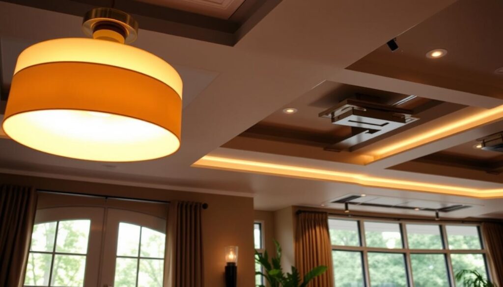 A well-lit residential and commercial building, with a focus on the intricate lighting installation. In the foreground, a sleek and modern pendant light illuminates the entryway, casting a warm glow. The middle ground showcases various recessed and track lighting fixtures, seamlessly integrated into the ceiling, providing targeted illumination for task and ambient lighting. In the background, large windows allow natural light to filter in, complementing the artificial lighting. The scene conveys a sense of elegance, functionality, and attention to detail, reflecting the expertise of the lighting installation services. A well-lit residential and commercial building, with a focus on the intricate lighting installation. In the foreground, a sleek and modern pendant light illuminates the entryway, casting a warm glow. The middle ground showcases various recessed and track lighting fixtures, seamlessly integrated into the ceiling, providing targeted illumination for task and ambient lighting. In the background, large windows allow natural light to filter in, complementing the artificial lighting. The scene conveys a sense of elegance, functionality, and attention to detail, reflecting the expertise of the lighting installation services.