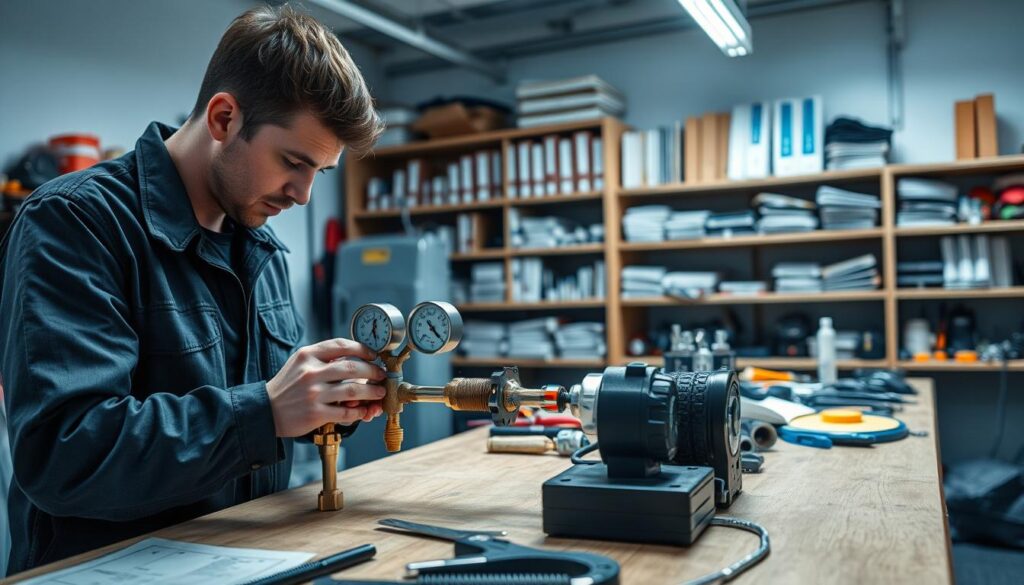 A well-lit workshop interior, illuminated by a combination of natural and artificial lighting. In the foreground, a technician diligently examines a water pressure testing device, meticulously checking its various components and gauges. The middle ground showcases an array of specialized tools and equipment, neatly organized on a workbench, ready for use in the diagnostic process. In the background, shelves filled with reference materials and technical manuals suggest a professional, methodical approach to water pressure analysis. The scene conveys a sense of expertise, attention to detail, and a commitment to providing comprehensive water pressure diagnosis and improvement services. A well-lit workshop interior, illuminated by a combination of natural and artificial lighting. In the foreground, a technician diligently examines a water pressure testing device, meticulously checking its various components and gauges. The middle ground showcases an array of specialized tools and equipment, neatly organized on a workbench, ready for use in the diagnostic process. In the background, shelves filled with reference materials and technical manuals suggest a professional, methodical approach to water pressure analysis. The scene conveys a sense of expertise, attention to detail, and a commitment to providing comprehensive water pressure diagnosis and improvement services.