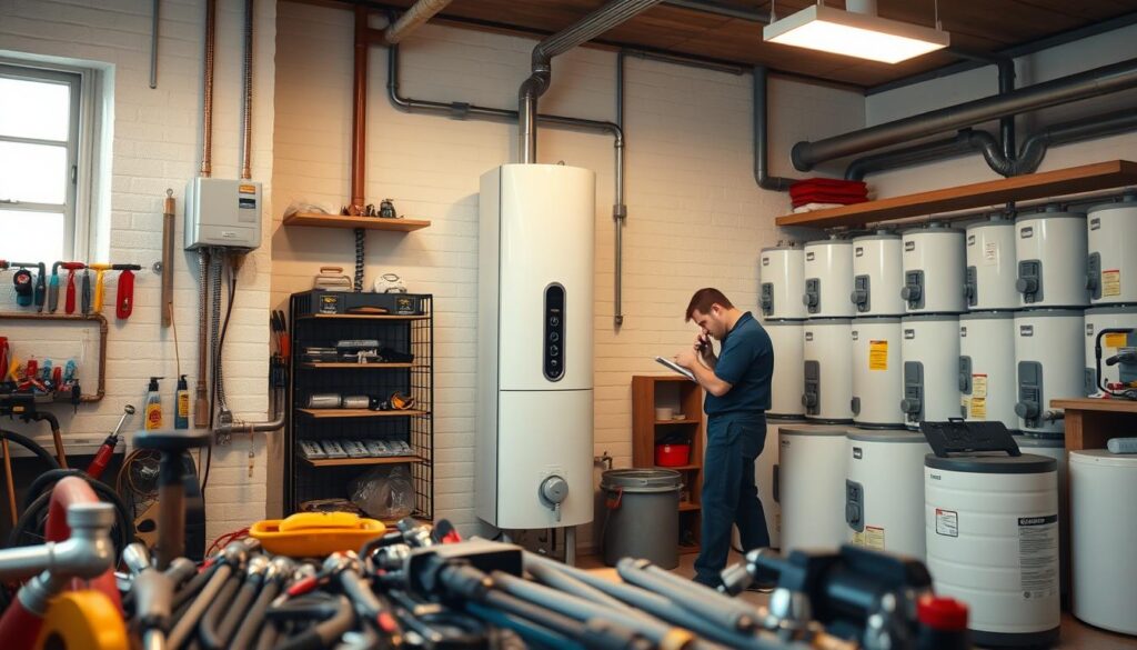 A well-lit workshop interior, with a prominent geyser installation and a technician diligently working on a water heater repair. The foreground features various plumbing tools and supplies, conveying a sense of professionalism and expertise. In the middle ground, the geyser unit stands tall, its modern design complementing the clean, organized workspace. The background showcases a neatly arranged selection of water heater models, hinting at the comprehensive solutions offered. Soft, directional lighting casts a warm, inviting atmosphere, emphasizing the care and attention to detail in the plumbing services provided. A well-lit workshop interior, with a prominent geyser installation and a technician diligently working on a water heater repair. The foreground features various plumbing tools and supplies, conveying a sense of professionalism and expertise. In the middle ground, the geyser unit stands tall, its modern design complementing the clean, organized workspace. The background showcases a neatly arranged selection of water heater models, hinting at the comprehensive solutions offered. Soft, directional lighting casts a warm, inviting atmosphere, emphasizing the care and attention to detail in the plumbing services provided.
