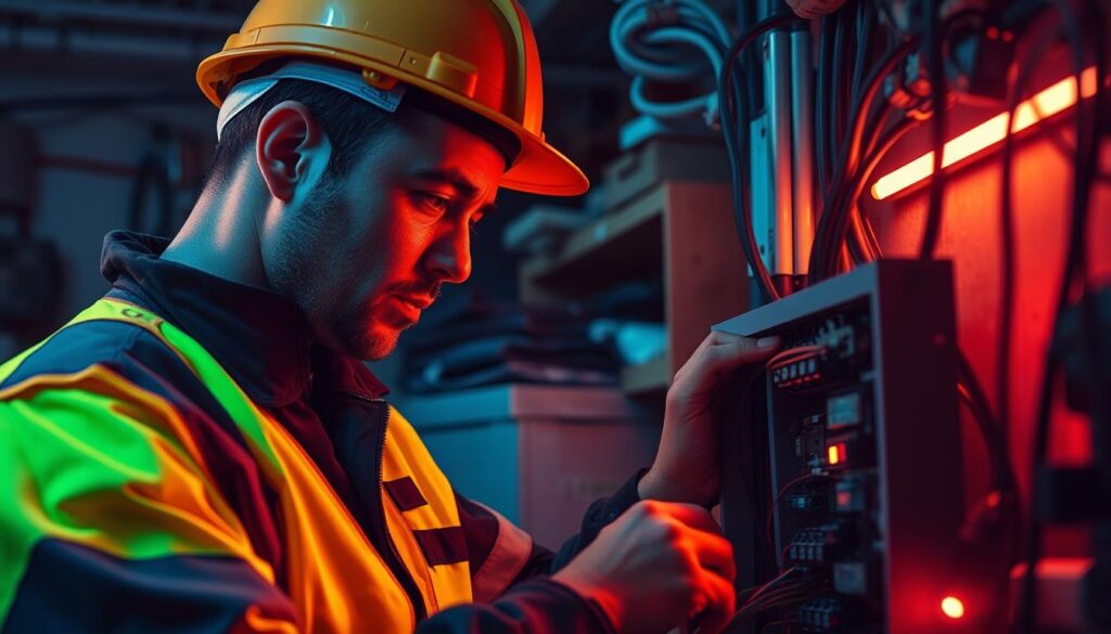 An expert emergency electrician in a neon-lit, cluttered workshop, wearing a reflective safety vest and hardhat, intensely focused on repairing a complex electrical panel. The dim, moody lighting casts dramatic shadows, highlighting the electrician's face and the intricate wiring. In the background, shelves of tools and spare parts, conveying a sense of urgency and professionalism. The scene exudes a sense of technical expertise and the importance of immediate response to critical electrical emergencies. An expert emergency electrician in a neon-lit, cluttered workshop, wearing a reflective safety vest and hardhat, intensely focused on repairing a complex electrical panel. The dim, moody lighting casts dramatic shadows, highlighting the electrician's face and the intricate wiring. In the background, shelves of tools and spare parts, conveying a sense of urgency and professionalism. The scene exudes a sense of technical expertise and the importance of immediate response to critical electrical emergencies.