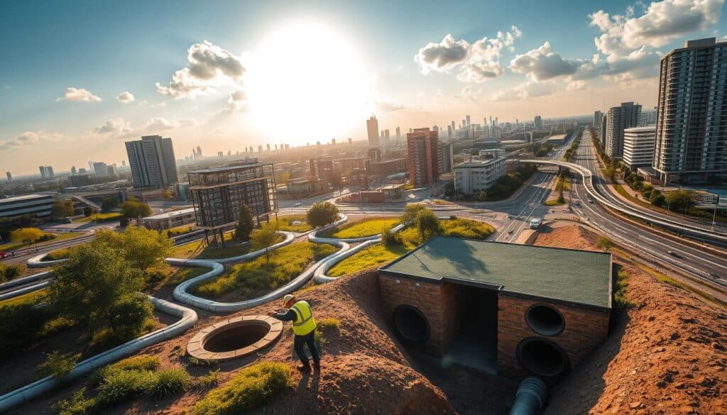 Comprehensive drainage solutions Johannesburg - An aerial view of an urban landscape showcasing intricate underground pipe systems, storm drains, and sewer manholes. Sunlight filters through the clouds, casting a warm glow over the scene. In the foreground, a worker in a reflective vest inspects a drainage outlet, surrounded by lush vegetation and modern buildings. The middle ground features a cross-section of the subsurface infrastructure, highlighting the complexity of the drainage network. In the background, a bustling cityscape with skyscrapers and busy streets conveys the scale and importance of efficient urban drainage systems. Comprehensive drainage solutions Johannesburg - An aerial view of an urban landscape showcasing intricate underground pipe systems, storm drains, and sewer manholes. Sunlight filters through the clouds, casting a warm glow over the scene. In the foreground, a worker in a reflective vest inspects a drainage outlet, surrounded by lush vegetation and modern buildings. The middle ground features a cross-section of the subsurface infrastructure, highlighting the complexity of the drainage network. In the background, a bustling cityscape with skyscrapers and busy streets conveys the scale and importance of efficient urban drainage systems.