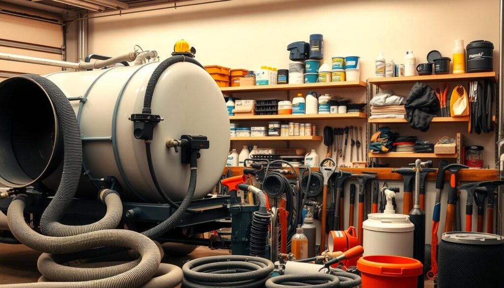 Detailed image of professional septic tank cleaning equipment in a well-lit, clean workshop setting. In the foreground, a large truck-mounted vacuum tank system with hoses and attachments. In the middle ground, various hand tools and brushes for scrubbing and unclogging tanks. In the background, shelves of spare parts, cleaning solutions, and protective gear. The equipment is presented in a neat, organized manner, reflecting the expertise and care of the septic tank cleaning service. Warm lighting creates a professional, trustworthy atmosphere. Detailed image of professional septic tank cleaning equipment in a well-lit, clean workshop setting. In the foreground, a large truck-mounted vacuum tank system with hoses and attachments. In the middle ground, various hand tools and brushes for scrubbing and unclogging tanks. In the background, shelves of spare parts, cleaning solutions, and protective gear. The equipment is presented in a neat, organized manner, reflecting the expertise and care of the septic tank cleaning service. Warm lighting creates a professional, trustworthy atmosphere.