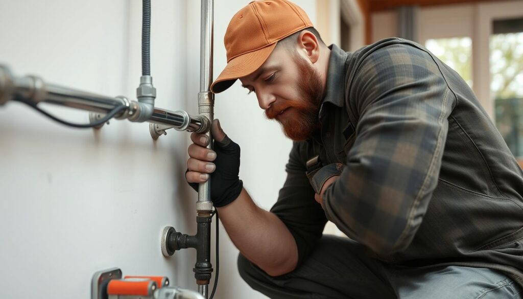 a detailed, photorealistic illustration of a licensed plumber providing emergency services, set in a residential interior. In the foreground, a uniformed plumber with a toolbox kneels next to a sink, inspecting the plumbing. Warm, diffused lighting illuminates the scene, creating a sense of urgency and professionalism. In the middle ground, the plumber's work truck is visible through an open doorway, with the company logo and contact information clearly displayed. The background features a well-appointed kitchen, with modern appliances and decor, conveying a sense of a high-end, upscale residential setting. The overall mood is one of competence, reliability, and quick response to a plumbing emergency. a detailed, photorealistic illustration of a licensed plumber providing emergency services, set in a residential interior. In the foreground, a uniformed plumber with a toolbox kneels next to a sink, inspecting the plumbing. Warm, diffused lighting illuminates the scene, creating a sense of urgency and professionalism. In the middle ground, the plumber's work truck is visible through an open doorway, with the company logo and contact information clearly displayed. The background features a well-appointed kitchen, with modern appliances and decor, conveying a sense of a high-end, upscale residential setting. The overall mood is one of competence, reliability, and quick response to a plumbing emergency.