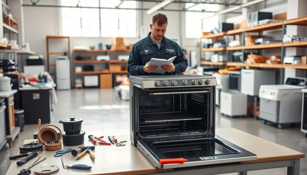 A clean, well-lit industrial workshop setting with an open floor plan. In the foreground, a partially disassembled stove and oven unit sits on a workbench, its inner components exposed. Various repair tools and spare parts are neatly arranged around it. In the middle ground, a technician in a uniform is examining the unit, making notes on a clipboard. The background features shelves stocked with replacement parts and appliances, as well as large windows allowing natural light to flood the space. The overall atmosphere conveys a sense of expertise, order, and attention to detail in the stove and oven repair process. A clean, well-lit industrial workshop setting with an open floor plan. In the foreground, a partially disassembled stove and oven unit sits on a workbench, its inner components exposed. Various repair tools and spare parts are neatly arranged around it. In the middle ground, a technician in a uniform is examining the unit, making notes on a clipboard. The background features shelves stocked with replacement parts and appliances, as well as large windows allowing natural light to flood the space. The overall atmosphere conveys a sense of expertise, order, and attention to detail in the stove and oven repair process.
