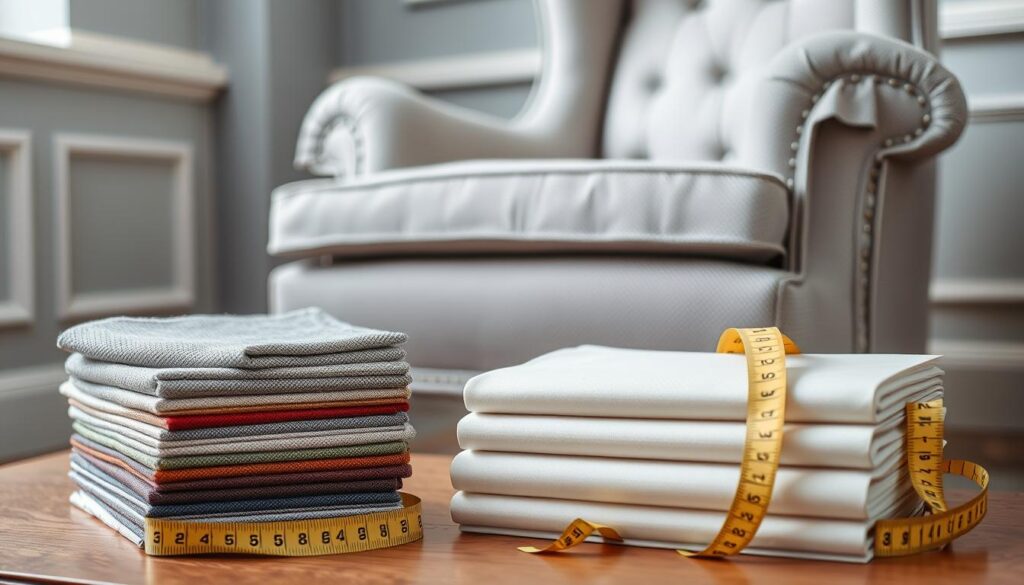 A close-up view of a luxurious wingback chair in the foreground, with a neatly stacked pile of fabric swatches and a tape measure next to it. In the middle ground, a spreadsheet or price comparison chart showing the estimated costs of reupholstering the chair versus purchasing a new one. The background is a warm, inviting living room setting, with a cozy fireplace and bookshelves visible, bathed in soft, natural lighting. The overall scene conveys a sense of thoughtful consideration and informed decision-making when it comes to the cost-effective options for furniture restoration or replacement. A close-up view of a luxurious wingback chair in the foreground, with a neatly stacked pile of fabric swatches and a tape measure next to it. In the middle ground, a spreadsheet or price comparison chart showing the estimated costs of reupholstering the chair versus purchasing a new one. The background is a warm, inviting living room setting, with a cozy fireplace and bookshelves visible, bathed in soft, natural lighting. The overall scene conveys a sense of thoughtful consideration and informed decision-making when it comes to the cost-effective options for furniture restoration or replacement.