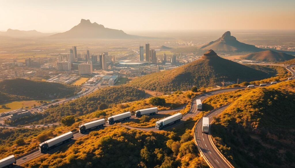 A detailed aerial view showcasing the extensive refrigerated transport coverage across the diverse landscapes of South Africa. The foreground depicts a fleet of modern refrigerated trucks winding through the lush countryside, navigating the winding roads that connect the major cities. In the middle ground, bustling metropolitan areas come into view, with towering skyscrapers and bustling commercial hubs. The background features the iconic natural wonders of South Africa, from the majestic Table Mountain in Cape Town to the rolling hills and vast savannas of the interior. Warm, golden sunlight bathes the scene, creating a sense of vibrancy and efficiency in the country's refrigerated logistics network. A detailed aerial view showcasing the extensive refrigerated transport coverage across the diverse landscapes of South Africa. The foreground depicts a fleet of modern refrigerated trucks winding through the lush countryside, navigating the winding roads that connect the major cities. In the middle ground, bustling metropolitan areas come into view, with towering skyscrapers and bustling commercial hubs. The background features the iconic natural wonders of South Africa, from the majestic Table Mountain in Cape Town to the rolling hills and vast savannas of the interior. Warm, golden sunlight bathes the scene, creating a sense of vibrancy and efficiency in the country's refrigerated logistics network.