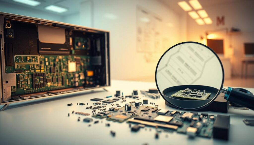 A detailed diagram showcasing the key components and technologies that influence the price of LED TV repair. In the foreground, an exploded view of an LED TV panel, its intricate circuit boards, and disassembled parts laid out neatly. In the middle ground, a magnifying glass highlights the delicate microchips and connectors. In the background, a soft-lit technological landscape with schematics, diagnostic tools, and repair workstations, conveying the specialized skills and equipment required. Warm lighting and muted tones create a contemplative atmosphere, emphasizing the technical complexity and the attention to detail needed for successful LED TV repair. A detailed diagram showcasing the key components and technologies that influence the price of LED TV repair. In the foreground, an exploded view of an LED TV panel, its intricate circuit boards, and disassembled parts laid out neatly. In the middle ground, a magnifying glass highlights the delicate microchips and connectors. In the background, a soft-lit technological landscape with schematics, diagnostic tools, and repair workstations, conveying the specialized skills and equipment required. Warm lighting and muted tones create a contemplative atmosphere, emphasizing the technical complexity and the attention to detail needed for successful LED TV repair.