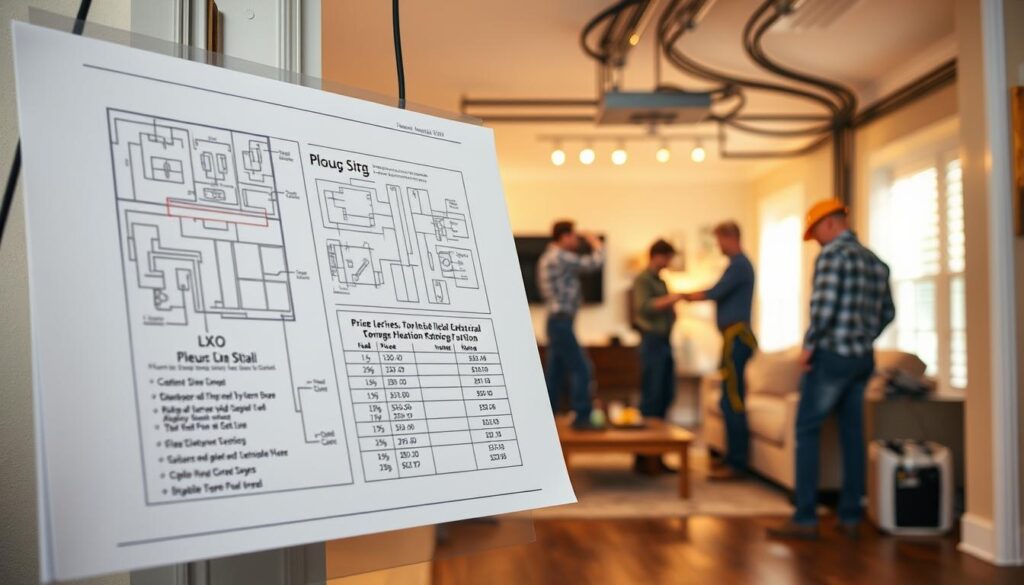 A detailed interior scene depicting the pricing and installation services for home electrical wiring. In the foreground, a blueprint or schematic of an electrical system layout is prominently displayed, showcasing the technical specifications and pricing breakdown. In the middle ground, a team of skilled electricians is shown installing wiring and components, capturing the installation process. The background features a cozy, well-lit living room, hinting at the final result of the electrical work. The scene is illuminated by warm, natural lighting, creating a welcoming and professional atmosphere. The overall composition conveys the transparency and expertise of the home electrical installation services. A detailed interior scene depicting the pricing and installation services for home electrical wiring. In the foreground, a blueprint or schematic of an electrical system layout is prominently displayed, showcasing the technical specifications and pricing breakdown. In the middle ground, a team of skilled electricians is shown installing wiring and components, capturing the installation process. The background features a cozy, well-lit living room, hinting at the final result of the electrical work. The scene is illuminated by warm, natural lighting, creating a welcoming and professional atmosphere. The overall composition conveys the transparency and expertise of the home electrical installation services.
