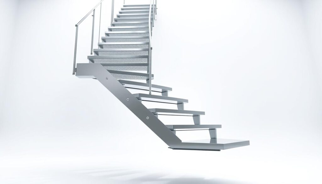 A floating metal staircase suspended in a minimalist, well-lit studio setting. The steps are made of gleaming steel, with a sleek, modern design. The stairs appear to be hovering in mid-air, creating an illusion of weightlessness. The background is a clean, white backdrop, allowing the staircase to be the focal point. Soft, directional lighting casts subtle shadows, highlighting the sculptural qualities of the metal structure. The camera is positioned at a low angle, emphasizing the stairs' grand, imposing presence. The overall mood is one of simplicity, elegance, and precision, inviting the viewer to compare the design and craftsmanship of different metal staircase options. A floating metal staircase suspended in a minimalist, well-lit studio setting. The steps are made of gleaming steel, with a sleek, modern design. The stairs appear to be hovering in mid-air, creating an illusion of weightlessness. The background is a clean, white backdrop, allowing the staircase to be the focal point. Soft, directional lighting casts subtle shadows, highlighting the sculptural qualities of the metal structure. The camera is positioned at a low angle, emphasizing the stairs' grand, imposing presence. The overall mood is one of simplicity, elegance, and precision, inviting the viewer to compare the design and craftsmanship of different metal staircase options.