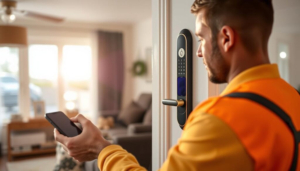 A modern, minimalist composition depicting the key factors affecting smart lock installation cost in South Africa. In the foreground, a sleek, brushed metal smart lock takes center stage, its mechanisms and interior components visible. In the middle ground, a blueprint diagram outlines the various installation requirements, such as door type, wiring, and smart home integration. The background features a cityscape of Pretoria, Centurion, Midrand, and Johannesburg, representing the regional context. The scene is illuminated by warm, directional lighting, casting subtle shadows and creating a sense of depth. The overall mood is one of precision, functionality, and urban sophistication. A modern, minimalist composition depicting the key factors affecting smart lock installation cost in South Africa. In the foreground, a sleek, brushed metal smart lock takes center stage, its mechanisms and interior components visible. In the middle ground, a blueprint diagram outlines the various installation requirements, such as door type, wiring, and smart home integration. The background features a cityscape of Pretoria, Centurion, Midrand, and Johannesburg, representing the regional context. The scene is illuminated by warm, directional lighting, casting subtle shadows and creating a sense of depth. The overall mood is one of precision, functionality, and urban sophistication.