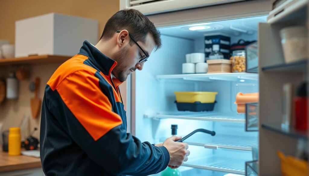 A well-lit, detailed image showcasing the process and costs of a professional fridge regassing service. In the foreground, a technician attentively inspects the inner workings of an open refrigerator, tools and equipment laid out nearby. In the middle ground, a breakdown of the regassing procedure, with labeled components and clear step-by-step instructions. The background features a clean, minimalist setting, highlighting the technical nature of the service. Warm lighting illuminates the scene, conveying a sense of expertise and reliability. The overall composition emphasizes the importance of proper refrigerant maintenance for optimal appliance performance and longevity. A well-lit, detailed image showcasing the process and costs of a professional fridge regassing service. In the foreground, a technician attentively inspects the inner workings of an open refrigerator, tools and equipment laid out nearby. In the middle ground, a breakdown of the regassing procedure, with labeled components and clear step-by-step instructions. The background features a clean, minimalist setting, highlighting the technical nature of the service. Warm lighting illuminates the scene, conveying a sense of expertise and reliability. The overall composition emphasizes the importance of proper refrigerant maintenance for optimal appliance performance and longevity.
