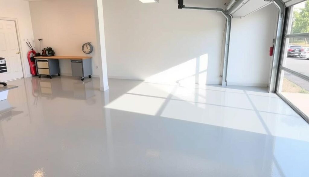 Detailed residential epoxy flooring transformation in a centurion garage. A bright, modern garage interior with a freshly installed epoxy floor. The floor reflects the natural light, creating a sleek and polished appearance. Ample space for vehicle storage and workbench. Warm lighting illuminates the scene, highlighting the smooth, seamless finish of the epoxy surface. The garage door is partially open, allowing a glimpse of the exterior. The overall atmosphere conveys a sense of efficiency, organization, and a high-quality, durable flooring solution. Detailed residential epoxy flooring transformation in a centurion garage. A bright, modern garage interior with a freshly installed epoxy floor. The floor reflects the natural light, creating a sleek and polished appearance. Ample space for vehicle storage and workbench. Warm lighting illuminates the scene, highlighting the smooth, seamless finish of the epoxy surface. The garage door is partially open, allowing a glimpse of the exterior. The overall atmosphere conveys a sense of efficiency, organization, and a high-quality, durable flooring solution.