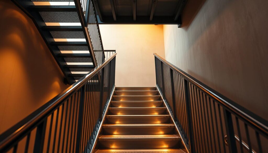 Interior metal staircase, with clean lines and a modern, industrial aesthetic. Warm, ambient lighting highlights the metallic sheen of the steps and railings. The staircase is set against a minimalist background, with a neutral color palette and muted textures, allowing the architectural details to take center stage. The perspective is angled, showcasing the depth and dimensionality of the space, while maintaining a sense of balance and harmony. The overall impression conveys a sense of sophistication and elegance, reflecting the quality and craftsmanship of the metal staircase. Interior metal staircase, with clean lines and a modern, industrial aesthetic. Warm, ambient lighting highlights the metallic sheen of the steps and railings. The staircase is set against a minimalist background, with a neutral color palette and muted textures, allowing the architectural details to take center stage. The perspective is angled, showcasing the depth and dimensionality of the space, while maintaining a sense of balance and harmony. The overall impression conveys a sense of sophistication and elegance, reflecting the quality and craftsmanship of the metal staircase.