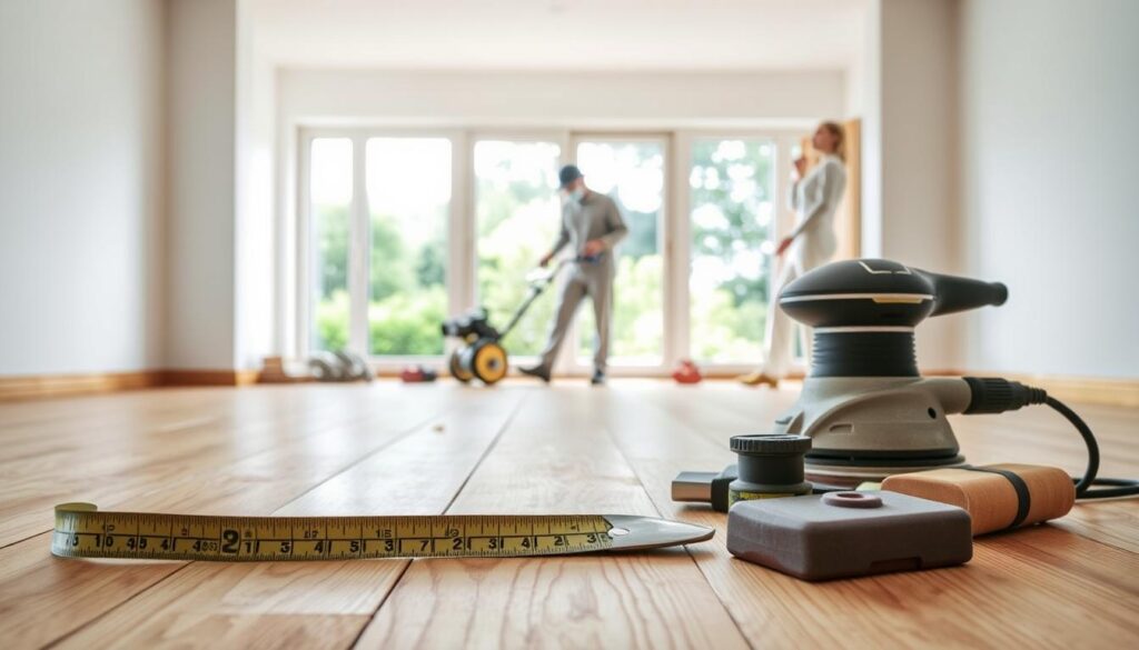 A bright and airy interior scene, showcasing a well-lit hardwood floor with various factors affecting the sanding cost prominently displayed. In the foreground, a tape measure, a wood sample, and a selection of sanding tools are neatly arranged, highlighting the importance of surface preparation. In the middle ground, a worker in a protective suit is demonstrating the sanding process, while the background features a window overlooking a lush, green landscape, conveying a sense of natural light and tranquility. The overall mood is one of professionalism and attention to detail, reflecting the care and expertise required for a successful pine floor sanding and varnishing project. A bright and airy interior scene, showcasing a well-lit hardwood floor with various factors affecting the sanding cost prominently displayed. In the foreground, a tape measure, a wood sample, and a selection of sanding tools are neatly arranged, highlighting the importance of surface preparation. In the middle ground, a worker in a protective suit is demonstrating the sanding process, while the background features a window overlooking a lush, green landscape, conveying a sense of natural light and tranquility. The overall mood is one of professionalism and attention to detail, reflecting the care and expertise required for a successful pine floor sanding and varnishing project.