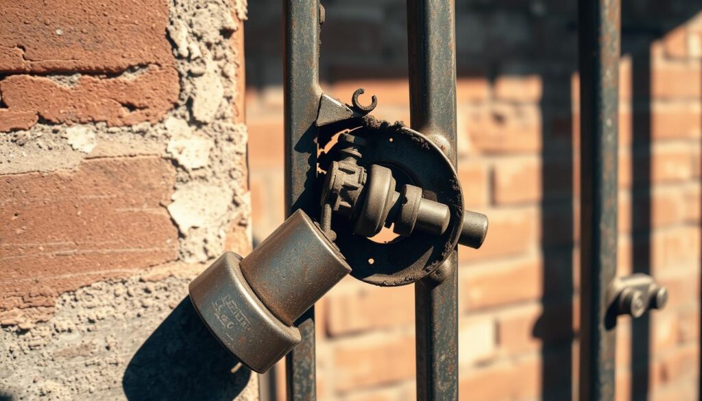 A broken metal gate lock in the foreground, its mechanism twisted and rusted, against a backdrop of a dilapidated brick wall with peeling paint. The lock's internal components are visible, highlighting the complexity of the repair. Soft, warm lighting casts shadows, creating an air of neglect and the need for professional attention. The scene conveys the common issues faced with aging security gate locks, emphasizing the importance of timely maintenance and expert intervention to ensure the safety and functionality of one's property. A broken metal gate lock in the foreground, its mechanism twisted and rusted, against a backdrop of a dilapidated brick wall with peeling paint. The lock's internal components are visible, highlighting the complexity of the repair. Soft, warm lighting casts shadows, creating an air of neglect and the need for professional attention. The scene conveys the common issues faced with aging security gate locks, emphasizing the importance of timely maintenance and expert intervention to ensure the safety and functionality of one's property.