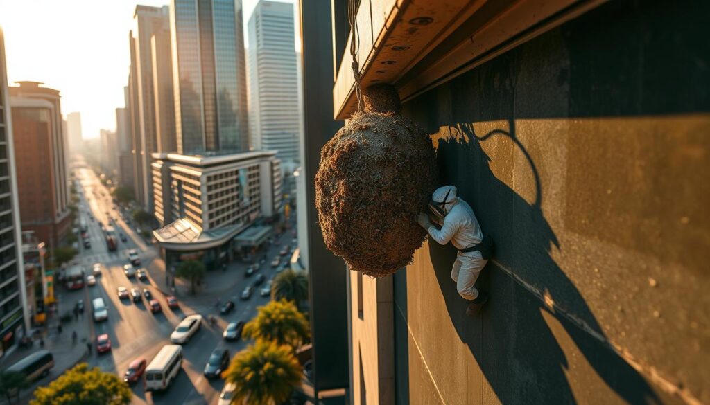 A bustling urban landscape with towering skyscrapers, bustling streets, and a prominent wasp nest nestled on the side of a building. The nest is the focal point, with a team of professional exterminators in protective gear carefully removing it. The lighting is natural, with a warm, golden glow casting long shadows across the scene. The composition emphasizes the scale and scope of the wasp nest removal service, showcasing their expertise and comprehensive coverage throughout the Gauteng region. The overall atmosphere conveys a sense of efficiency, safety, and the importance of professional pest control in a densely populated urban environment. A bustling urban landscape with towering skyscrapers, bustling streets, and a prominent wasp nest nestled on the side of a building. The nest is the focal point, with a team of professional exterminators in protective gear carefully removing it. The lighting is natural, with a warm, golden glow casting long shadows across the scene. The composition emphasizes the scale and scope of the wasp nest removal service, showcasing their expertise and comprehensive coverage throughout the Gauteng region. The overall atmosphere conveys a sense of efficiency, safety, and the importance of professional pest control in a densely populated urban environment.