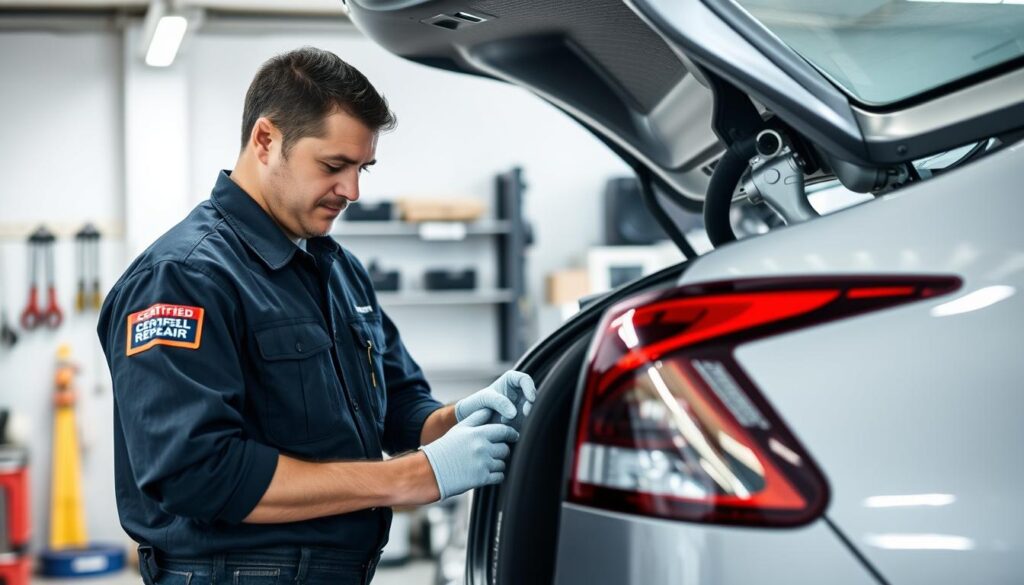 A certified trunk repair technician, dressed in a professional uniform, stands beside a customer's car, skillfully inspecting and repairing the trunk lock mechanism. The scene is set against a clean, well-lit garage interior, with tools and equipment neatly organized in the background. The technician's expression conveys a sense of expertise and dedication, while the customer observes with confidence, assured of the technician's competence. The image captures the mobile, on-site nature of the service, showcasing the technician's ability to provide convenient and reliable trunk lock repair solutions across Gauteng. A certified trunk repair technician, dressed in a professional uniform, stands beside a customer's car, skillfully inspecting and repairing the trunk lock mechanism. The scene is set against a clean, well-lit garage interior, with tools and equipment neatly organized in the background. The technician's expression conveys a sense of expertise and dedication, while the customer observes with confidence, assured of the technician's competence. The image captures the mobile, on-site nature of the service, showcasing the technician's ability to provide convenient and reliable trunk lock repair solutions across Gauteng.