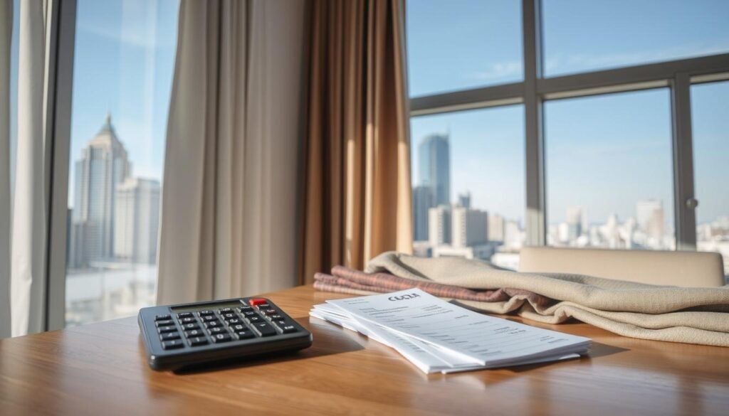 A clean, well-lit office space with an open curtain on the left side, revealing a clear view of the city outside. In the foreground, a calculator and a stack of receipts sit on a wooden desk, representing the financial aspects of curtain cleaning. The middle ground features a variety of fabric samples, showcasing the different textures and patterns that can affect cleaning costs. The background depicts a serene cityscape, with tall buildings and a blue sky, suggesting the broader context of the article's subject. The lighting is soft and natural, creating a sense of professionalism and attention to detail. A clean, well-lit office space with an open curtain on the left side, revealing a clear view of the city outside. In the foreground, a calculator and a stack of receipts sit on a wooden desk, representing the financial aspects of curtain cleaning. The middle ground features a variety of fabric samples, showcasing the different textures and patterns that can affect cleaning costs. The background depicts a serene cityscape, with tall buildings and a blue sky, suggesting the broader context of the article's subject. The lighting is soft and natural, creating a sense of professionalism and attention to detail.