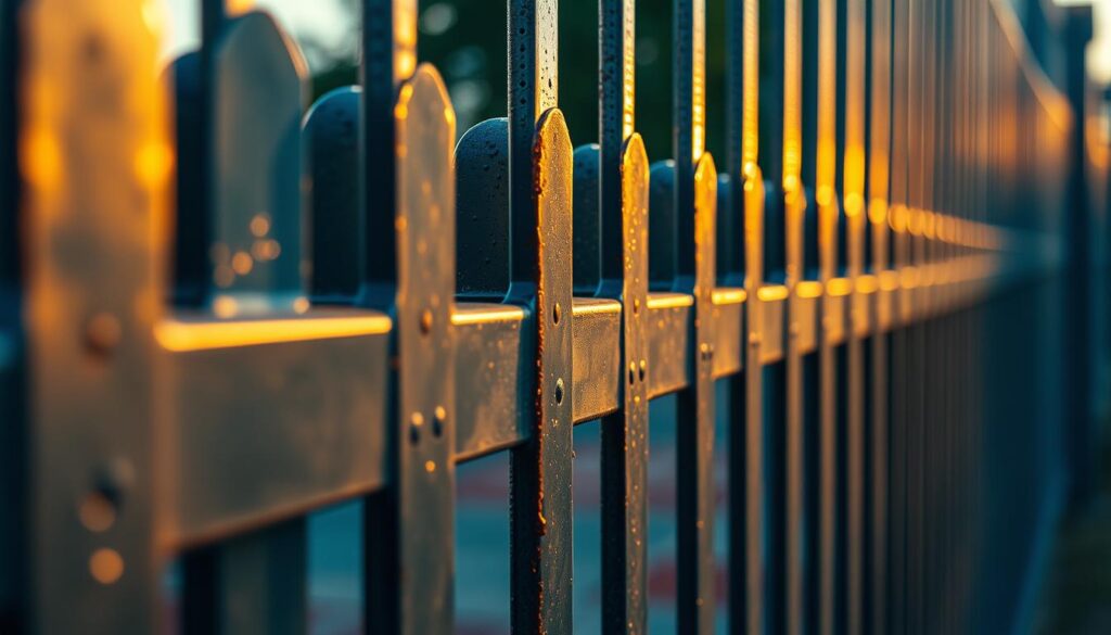 A close-up, highly detailed shot of a steel palisade fence, showcasing the various protective coatings applied to its surface. The fence is bathed in warm, directional lighting, emphasizing the texture and sheen of the different finishes. In the foreground, the viewer can see a metallic, rust-resistant primer coating, while the middle ground reveals a glossy, weather-resistant topcoat. The background subtly blurs, allowing the focus to remain on the intricate surface details of the fence. The overall scene conveys a sense of durability, protection, and the importance of proper fence maintenance. A close-up, highly detailed shot of a steel palisade fence, showcasing the various protective coatings applied to its surface. The fence is bathed in warm, directional lighting, emphasizing the texture and sheen of the different finishes. In the foreground, the viewer can see a metallic, rust-resistant primer coating, while the middle ground reveals a glossy, weather-resistant topcoat. The background subtly blurs, allowing the focus to remain on the intricate surface details of the fence. The overall scene conveys a sense of durability, protection, and the importance of proper fence maintenance.