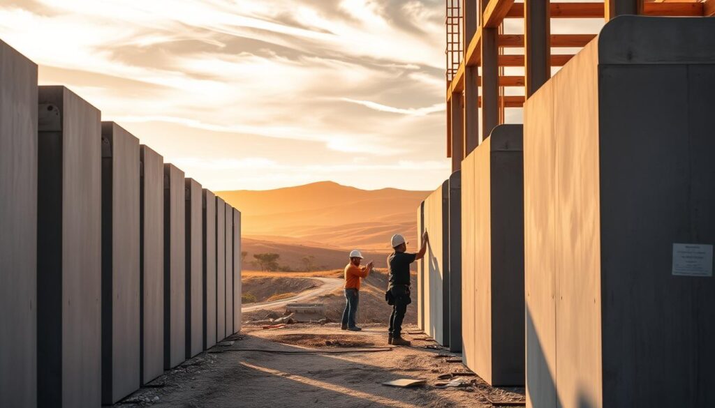 A construction site in the Western Cape, with precast wall installation components in the foreground. Smooth, uniform concrete panels stand upright, ready to be assembled into a sturdy, modern structure. In the middle ground, workers meticulously align the panels, guided by precise measurements and instructions. The background depicts a picturesque landscape of rolling hills, bathed in warm, golden sunlight filtering through wispy clouds. The scene conveys a sense of efficiency, attention to detail, and the seamless integration of precast technology into the region's architectural landscape. A construction site in the Western Cape, with precast wall installation components in the foreground. Smooth, uniform concrete panels stand upright, ready to be assembled into a sturdy, modern structure. In the middle ground, workers meticulously align the panels, guided by precise measurements and instructions. The background depicts a picturesque landscape of rolling hills, bathed in warm, golden sunlight filtering through wispy clouds. The scene conveys a sense of efficiency, attention to detail, and the seamless integration of precast technology into the region's architectural landscape.