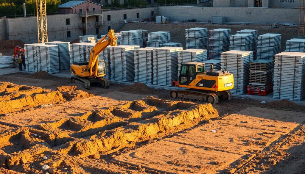 A construction site with a large excavator preparing the ground for precast concrete wall panels. The excavator is digging and smoothing the soil, creating a level surface for the wall foundations. In the background, piles of precast wall panels are stacked neatly, ready for installation. The scene is bathed in warm, golden sunlight, casting long shadows across the site. The atmosphere is one of organized efficiency, with the workers carefully orchestrating the site preparation for the upcoming precast wall installation. The camera angle is slightly elevated, providing a broad view of the entire site and capturing the scale of the project. A construction site with a large excavator preparing the ground for precast concrete wall panels. The excavator is digging and smoothing the soil, creating a level surface for the wall foundations. In the background, piles of precast wall panels are stacked neatly, ready for installation. The scene is bathed in warm, golden sunlight, casting long shadows across the site. The atmosphere is one of organized efficiency, with the workers carefully orchestrating the site preparation for the upcoming precast wall installation. The camera angle is slightly elevated, providing a broad view of the entire site and capturing the scale of the project.