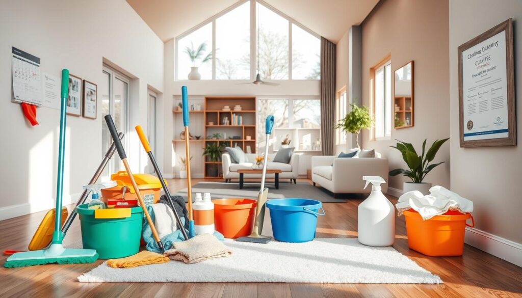 A contemporary, architectural interior scene showcasing the key factors influencing residential cleaning prices. In the foreground, an array of cleaning supplies and tools - mops, buckets, rags, and detergents - arranged neatly. In the middle ground, a spacious, well-lit living room with large windows, hardwood floors, and minimal furnishings. The background features a wall-mounted calendar, a notice board with client reviews, and a framed certificate of professional cleaning accreditation. The scene is bathed in warm, natural lighting, conveying a sense of cleanliness, efficiency, and professionalism. The overall mood is one of attention to detail, transparency, and a commitment to providing high-quality residential cleaning services. A contemporary, architectural interior scene showcasing the key factors influencing residential cleaning prices. In the foreground, an array of cleaning supplies and tools - mops, buckets, rags, and detergents - arranged neatly. In the middle ground, a spacious, well-lit living room with large windows, hardwood floors, and minimal furnishings. The background features a wall-mounted calendar, a notice board with client reviews, and a framed certificate of professional cleaning accreditation. The scene is bathed in warm, natural lighting, conveying a sense of cleanliness, efficiency, and professionalism. The overall mood is one of attention to detail, transparency, and a commitment to providing high-quality residential cleaning services.