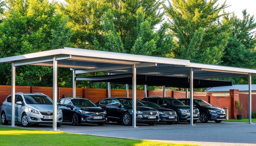A detailed comparison of metal carport pricing across Gauteng, South Africa. Show a well-lit, high-quality image from an elevated angle, capturing a variety of carport models and sizes in a realistic outdoor setting, with lush greenery and warm, natural lighting. Depict a range of modern, sleek metal carport designs in various shades of grey, silver, and black, showcasing the diverse options available to potential buyers. Ensure the image conveys the premium quality and versatility of these carports, while highlighting the key differences in cost and specifications across the Gauteng region. A detailed comparison of metal carport pricing across Gauteng, South Africa. Show a well-lit, high-quality image from an elevated angle, capturing a variety of carport models and sizes in a realistic outdoor setting, with lush greenery and warm, natural lighting. Depict a range of modern, sleek metal carport designs in various shades of grey, silver, and black, showcasing the diverse options available to potential buyers. Ensure the image conveys the premium quality and versatility of these carports, while highlighting the key differences in cost and specifications across the Gauteng region.