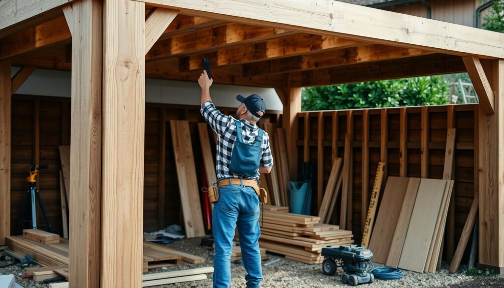 A detailed comparison of wooden carport materials, showcasing their costs and visual attributes. In the foreground, various lumber types are neatly arranged, including pine, cedar, and pressure-treated wood, each with a clear price tag. The middle ground features a well-constructed carport frame, allowing viewers to assess the construction components and their associated expenses. The background depicts a serene outdoor setting, providing context for the carport's intended use. The lighting is soft and diffused, creating a warm, inviting atmosphere. The camera angle is slightly elevated, offering a comprehensive view of the materials and their relative costs, catering to the informative nature of the image. A detailed comparison of wooden carport materials, showcasing their costs and visual attributes. In the foreground, various lumber types are neatly arranged, including pine, cedar, and pressure-treated wood, each with a clear price tag. The middle ground features a well-constructed carport frame, allowing viewers to assess the construction components and their associated expenses. The background depicts a serene outdoor setting, providing context for the carport's intended use. The lighting is soft and diffused, creating a warm, inviting atmosphere. The camera angle is slightly elevated, offering a comprehensive view of the materials and their relative costs, catering to the informative nature of the image.