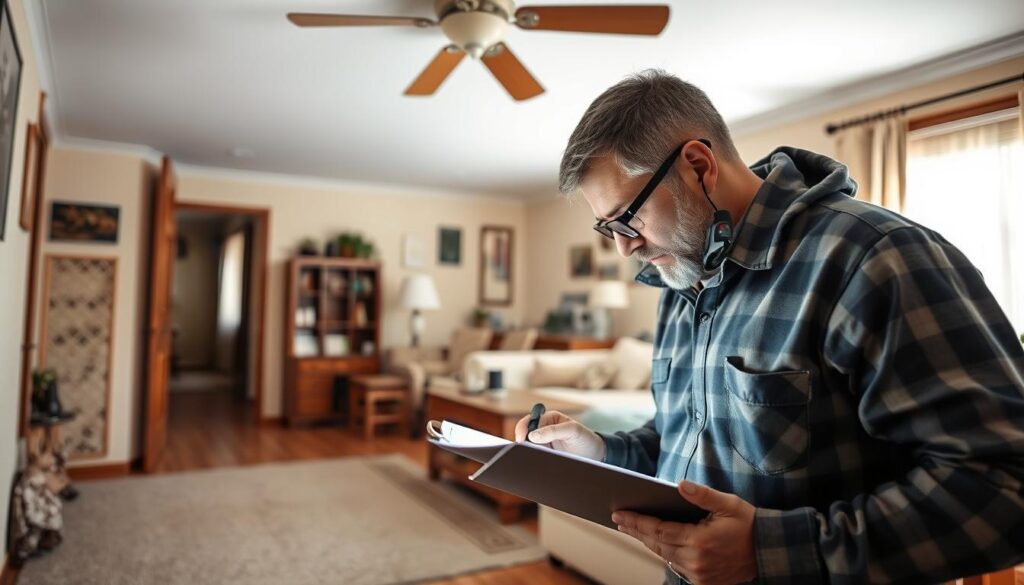 A detailed interior view of a modest residential property, showcasing a professional pest control specialist conducting a thorough inspection. The foreground features the inspector closely examining a suspected pest infestation, equipped with a clipboard, flashlight, and magnifying glass. The middle ground reveals the various access points and potential entry points for pests, with the inspector meticulously checking corners, crevices, and baseboards. In the background, the room exhibits typical household furnishings and decor, conveying a sense of a lived-in, everyday setting. The lighting is soft and natural, casting subtle shadows that highlight the inspector's focused movements. The overall atmosphere is one of diligence and attention to detail, as the professional methodically evaluates the property to determine the appropriate pest control measures and associated costs. A detailed interior view of a modest residential property, showcasing a professional pest control specialist conducting a thorough inspection. The foreground features the inspector closely examining a suspected pest infestation, equipped with a clipboard, flashlight, and magnifying glass. The middle ground reveals the various access points and potential entry points for pests, with the inspector meticulously checking corners, crevices, and baseboards. In the background, the room exhibits typical household furnishings and decor, conveying a sense of a lived-in, everyday setting. The lighting is soft and natural, casting subtle shadows that highlight the inspector's focused movements. The overall atmosphere is one of diligence and attention to detail, as the professional methodically evaluates the property to determine the appropriate pest control measures and associated costs.