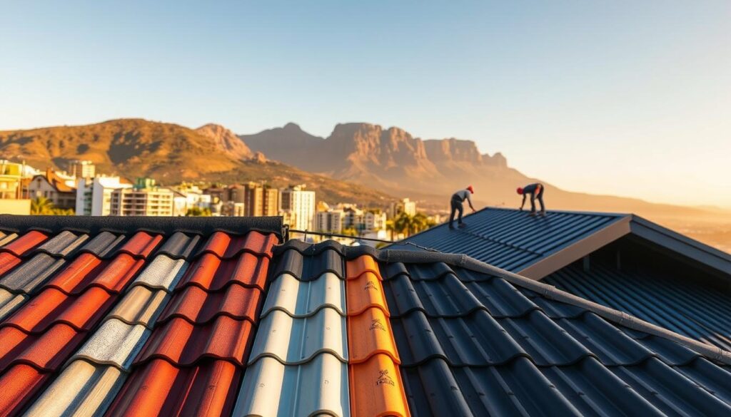 A detailed metal roof installation price comparison guide against a backdrop of the vibrant cityscape of Cape Town. The foreground features a neatly arranged display of metal roof tiles in various finishes, textures, and colors, showcasing the diverse options available. The middle ground captures the installation process, with skilled workers meticulously installing the roofing panels on a modern, angular building. In the distance, the iconic Table Mountain stands tall, bathed in warm, golden sunlight, creating a serene and picturesque atmosphere. The image conveys a sense of professionalism, attention to detail, and the wide range of metal roofing solutions tailored for the Cape Town market. A detailed metal roof installation price comparison guide against a backdrop of the vibrant cityscape of Cape Town. The foreground features a neatly arranged display of metal roof tiles in various finishes, textures, and colors, showcasing the diverse options available. The middle ground captures the installation process, with skilled workers meticulously installing the roofing panels on a modern, angular building. In the distance, the iconic Table Mountain stands tall, bathed in warm, golden sunlight, creating a serene and picturesque atmosphere. The image conveys a sense of professionalism, attention to detail, and the wide range of metal roofing solutions tailored for the Cape Town market.