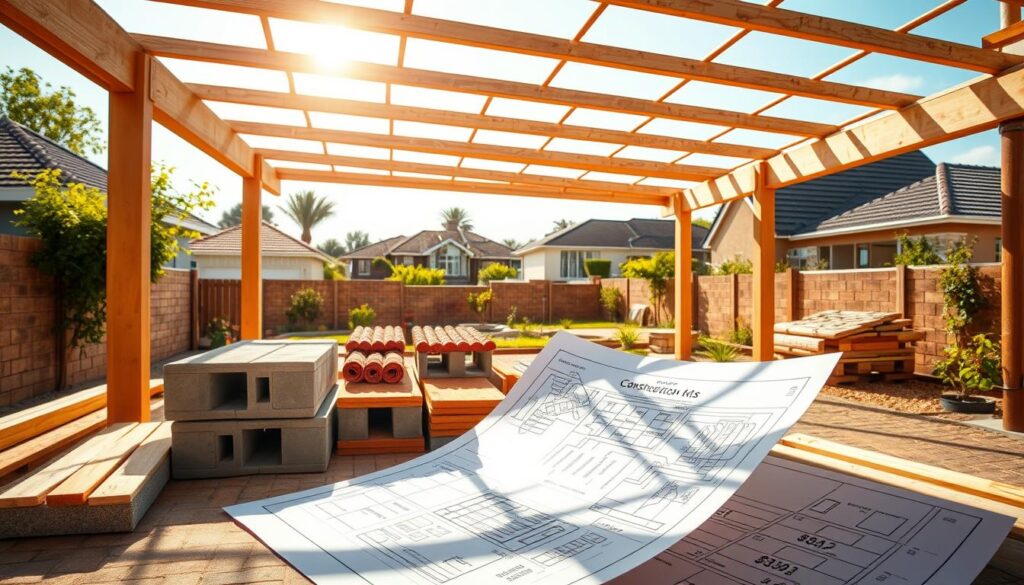 A detailed price breakdown of a carport construction project in Port Elizabeth, showcased against a warm, sun-drenched backdrop. In the foreground, a meticulously rendered plan or blueprint unfolds, detailing the various components and their corresponding costs. The middle ground features an array of construction materials - timber beams, concrete blocks, roofing tiles - arrayed in a visually striking manner. In the background, a picturesque Port Elizabeth neighborhood comes into view, with lush greenery and well-maintained homes setting the scene. The overall mood is one of informative practicality, blending technical specificity with a touch of local flair. A detailed price breakdown of a carport construction project in Port Elizabeth, showcased against a warm, sun-drenched backdrop. In the foreground, a meticulously rendered plan or blueprint unfolds, detailing the various components and their corresponding costs. The middle ground features an array of construction materials - timber beams, concrete blocks, roofing tiles - arrayed in a visually striking manner. In the background, a picturesque Port Elizabeth neighborhood comes into view, with lush greenery and well-maintained homes setting the scene. The overall mood is one of informative practicality, blending technical specificity with a touch of local flair.