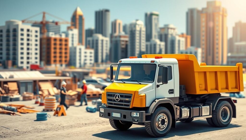 A detailed, realistic digital illustration depicting various factors affecting tipper truck hire prices. The scene shows a well-lit, high-resolution 3D render of a construction site, featuring a prominent tipper truck in the foreground. In the middle ground, there are workers, construction materials, and equipment, symbolizing labor and operational costs. The background showcases a cityscape of modern buildings, representing geographic location and demand. The lighting is natural, with soft shadows and highlights that enhance the depth and realism. The overall composition conveys the complexity and interplay of factors influencing tipper truck hire pricing in an urban setting. A detailed, realistic digital illustration depicting various factors affecting tipper truck hire prices. The scene shows a well-lit, high-resolution 3D render of a construction site, featuring a prominent tipper truck in the foreground. In the middle ground, there are workers, construction materials, and equipment, symbolizing labor and operational costs. The background showcases a cityscape of modern buildings, representing geographic location and demand. The lighting is natural, with soft shadows and highlights that enhance the depth and realism. The overall composition conveys the complexity and interplay of factors influencing tipper truck hire pricing in an urban setting.
