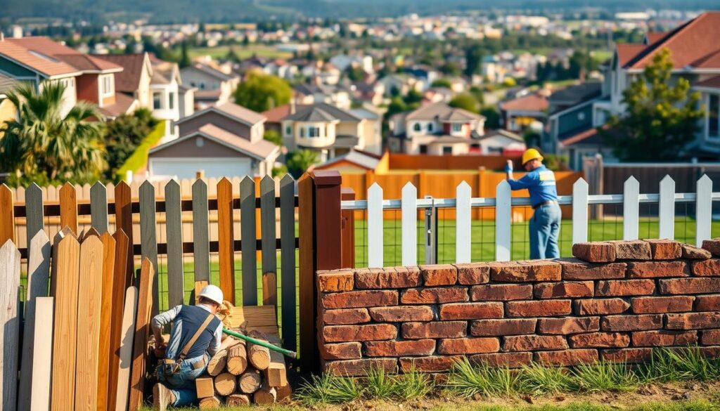 A detailed scene depicting the key factors influencing fence cost. In the foreground, a diverse collection of fence materials - wood, metal, vinyl, and brick - showcasing their varying prices. In the middle ground, workers installing a fence, highlighting labor and installation costs. The background features a sprawling neighborhood with different fence styles, hinting at the impact of local trends and regulations. Warm, natural lighting illuminates the scene, creating a sense of realism. The overall composition conveys the multifaceted nature of fence pricing, guiding the viewer's understanding of the subject matter. A detailed scene depicting the key factors influencing fence cost. In the foreground, a diverse collection of fence materials - wood, metal, vinyl, and brick - showcasing their varying prices. In the middle ground, workers installing a fence, highlighting labor and installation costs. The background features a sprawling neighborhood with different fence styles, hinting at the impact of local trends and regulations. Warm, natural lighting illuminates the scene, creating a sense of realism. The overall composition conveys the multifaceted nature of fence pricing, guiding the viewer's understanding of the subject matter.