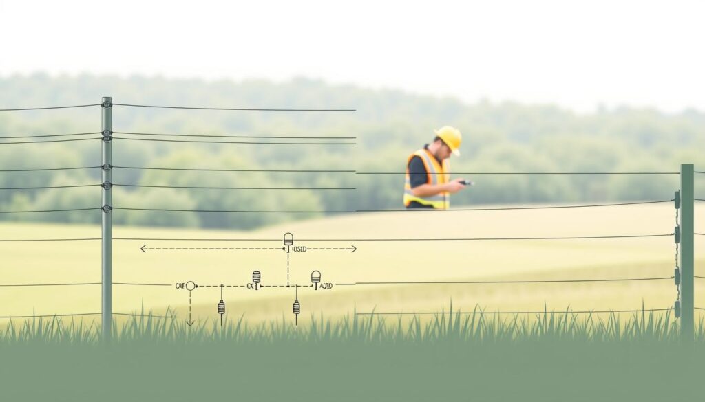 A detailed, technical plan for electric fence maintenance and professional service, captured in a clean, minimalist illustration. In the foreground, a schematic diagram showcases the key components of an electric fence system - posts, wires, insulators, and a control unit. The middle ground features a technician, dressed in a safety vest, performing routine inspection and testing with precision tools. The background depicts a lush, verdant landscape, hinting at the real-world application of this essential security solution. The lighting is soft and even, creating a sense of professionalism and competence. Rendered in a muted color palette, this image conveys the expertise and thoroughness required for effective electric fence upkeep. A detailed, technical plan for electric fence maintenance and professional service, captured in a clean, minimalist illustration. In the foreground, a schematic diagram showcases the key components of an electric fence system - posts, wires, insulators, and a control unit. The middle ground features a technician, dressed in a safety vest, performing routine inspection and testing with precision tools. The background depicts a lush, verdant landscape, hinting at the real-world application of this essential security solution. The lighting is soft and even, creating a sense of professionalism and competence. Rendered in a muted color palette, this image conveys the expertise and thoroughness required for effective electric fence upkeep.