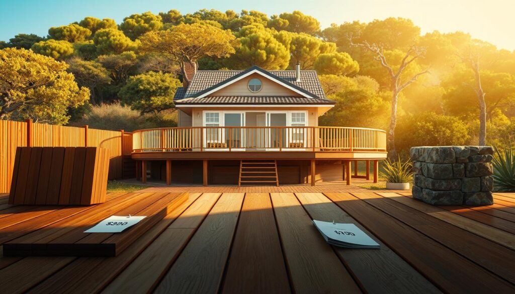 A detailed, well-lit architectural illustration showcasing the key factors influencing decking costs in South Africa. In the foreground, an array of decking materials - wood, composite, and stone - with price tags indicating their varying expenses. In the middle ground, a house with a wrapped-around deck, highlighting how size and design impact overall costs. In the background, a lush, natural setting with indigenous flora, hinting at the role of location and site preparation. The scene is bathed in warm, directional lighting, creating depth and emphasizing the textural qualities of the materials. The overall mood is one of informative clarity, guiding the viewer through the nuances of decking expenditure in the South African context. A detailed, well-lit architectural illustration showcasing the key factors influencing decking costs in South Africa. In the foreground, an array of decking materials - wood, composite, and stone - with price tags indicating their varying expenses. In the middle ground, a house with a wrapped-around deck, highlighting how size and design impact overall costs. In the background, a lush, natural setting with indigenous flora, hinting at the role of location and site preparation. The scene is bathed in warm, directional lighting, creating depth and emphasizing the textural qualities of the materials. The overall mood is one of informative clarity, guiding the viewer through the nuances of decking expenditure in the South African context.