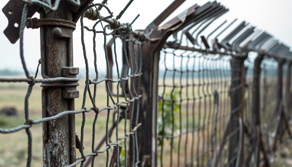 A dilapidated palisade fence, its metal bars bent and twisted, stands as a testament to the ravages of time and the elements. The foreground showcases the structural damage, with rusted hinges and missing pickets creating a sense of disrepair. In the middle ground, a section of the fence has been partially repaired, the new metal gleaming against the weathered backdrop. The background reveals the surrounding landscape, a hint of greenery peeking through the gaps, hinting at the need for a comprehensive restoration. Soft, diffused lighting casts an air of melancholy, underscoring the urgency for a thorough palisade fence repair. A dilapidated palisade fence, its metal bars bent and twisted, stands as a testament to the ravages of time and the elements. The foreground showcases the structural damage, with rusted hinges and missing pickets creating a sense of disrepair. In the middle ground, a section of the fence has been partially repaired, the new metal gleaming against the weathered backdrop. The background reveals the surrounding landscape, a hint of greenery peeking through the gaps, hinting at the need for a comprehensive restoration. Soft, diffused lighting casts an air of melancholy, underscoring the urgency for a thorough palisade fence repair.