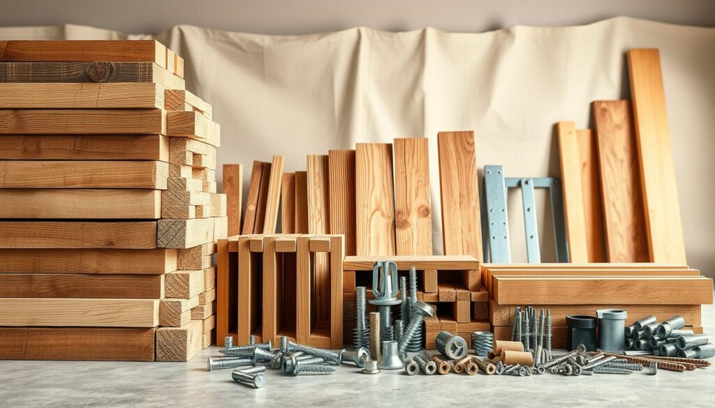 A high-resolution, detailed image of a complete set of decking boards and joists package components. The foreground features a stack of pressure-treated wooden planks in various lengths, alongside a collection of sturdy, kiln-dried wooden joists of different sizes. The middle ground showcases a variety of metal hardware, including galvanized screws, nails, and connectors, neatly arranged. In the background, a clean, well-lit workshop setting with a neutral-toned backdrop, casting soft, even lighting across the scene. The overall composition conveys a sense of organization, quality, and attention to detail, reflecting the technical aspects of a DIY decking kit. A high-resolution, detailed image of a complete set of decking boards and joists package components. The foreground features a stack of pressure-treated wooden planks in various lengths, alongside a collection of sturdy, kiln-dried wooden joists of different sizes. The middle ground showcases a variety of metal hardware, including galvanized screws, nails, and connectors, neatly arranged. In the background, a clean, well-lit workshop setting with a neutral-toned backdrop, casting soft, even lighting across the scene. The overall composition conveys a sense of organization, quality, and attention to detail, reflecting the technical aspects of a DIY decking kit.