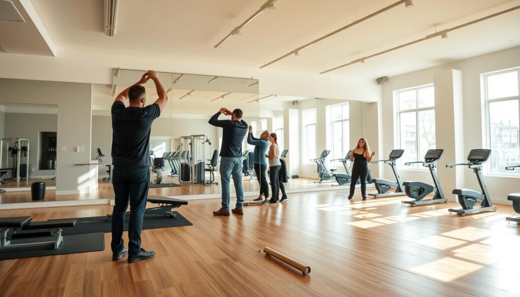 A large, well-lit professional fitness studio with a sleek, modern mirror setup. In the foreground, a high-quality full-length mirror stands on a sturdy metal frame, reflecting the neatly organized workout equipment and natural sunlight streaming through the windows. In the middle ground, a team of skilled technicians carefully install and adjust the mirror, ensuring a seamless and secure fit. The background features a clean, minimalist design with neutral-toned walls, hardwood floors, and strategic lighting that enhances the overall ambiance of the space, creating a welcoming and motivating environment for fitness enthusiasts. A large, well-lit professional fitness studio with a sleek, modern mirror setup. In the foreground, a high-quality full-length mirror stands on a sturdy metal frame, reflecting the neatly organized workout equipment and natural sunlight streaming through the windows. In the middle ground, a team of skilled technicians carefully install and adjust the mirror, ensuring a seamless and secure fit. The background features a clean, minimalist design with neutral-toned walls, hardwood floors, and strategic lighting that enhances the overall ambiance of the space, creating a welcoming and motivating environment for fitness enthusiasts.
