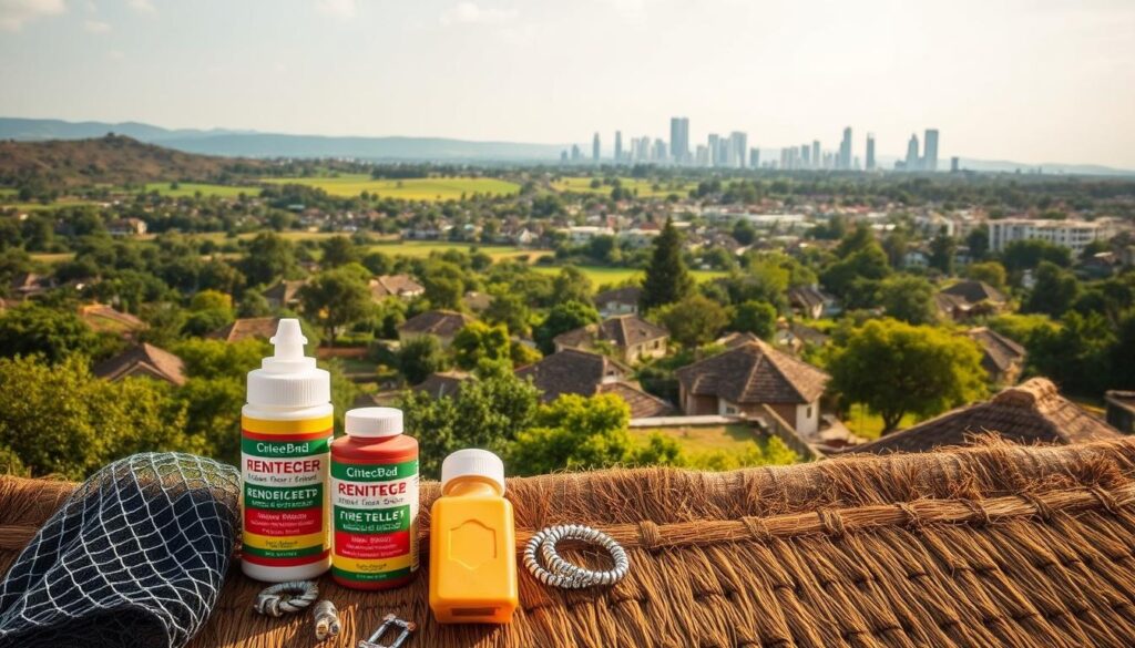 A lush, verdant landscape stretches across the Gauteng province, dotted with picturesque homes adorned with traditional thatch roofs. In the foreground, a selection of carefully curated thatch roof protection accessories is displayed, including reinforced netting, fire-resistant sealants, and specialized fasteners. The middle ground showcases a serene residential neighborhood, each dwelling harmoniously blending with the natural surroundings. In the background, the iconic silhouettes of Johannesburg's skyscrapers and Sandton's modern architecture create a captivating contrast, highlighting the diverse offerings within Gauteng. Warm, diffused lighting casts a welcoming glow, emphasizing the premium quality and availability of these essential thatch roof accessories across the region. A lush, verdant landscape stretches across the Gauteng province, dotted with picturesque homes adorned with traditional thatch roofs. In the foreground, a selection of carefully curated thatch roof protection accessories is displayed, including reinforced netting, fire-resistant sealants, and specialized fasteners. The middle ground showcases a serene residential neighborhood, each dwelling harmoniously blending with the natural surroundings. In the background, the iconic silhouettes of Johannesburg's skyscrapers and Sandton's modern architecture create a captivating contrast, highlighting the diverse offerings within Gauteng. Warm, diffused lighting casts a welcoming glow, emphasizing the premium quality and availability of these essential thatch roof accessories across the region.