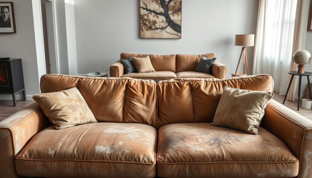 A modern living room with a worn, faded sofa in the foreground, contrasted against a brand new, plush sofa in the middle ground. Soft, natural lighting illuminates the scene, highlighting the textures and colors of the furnishings. In the background, a cost comparison chart displays the estimated expenses for reupholstering the old sofa versus purchasing a new one, emphasizing the financial decision-making process. The image conveys a sense of contemplation, as the viewer is invited to consider the value and feasibility of reviving the cherished, well-used sofa versus investing in a fresh, contemporary piece. A modern living room with a worn, faded sofa in the foreground, contrasted against a brand new, plush sofa in the middle ground. Soft, natural lighting illuminates the scene, highlighting the textures and colors of the furnishings. In the background, a cost comparison chart displays the estimated expenses for reupholstering the old sofa versus purchasing a new one, emphasizing the financial decision-making process. The image conveys a sense of contemplation, as the viewer is invited to consider the value and feasibility of reviving the cherished, well-used sofa versus investing in a fresh, contemporary piece.