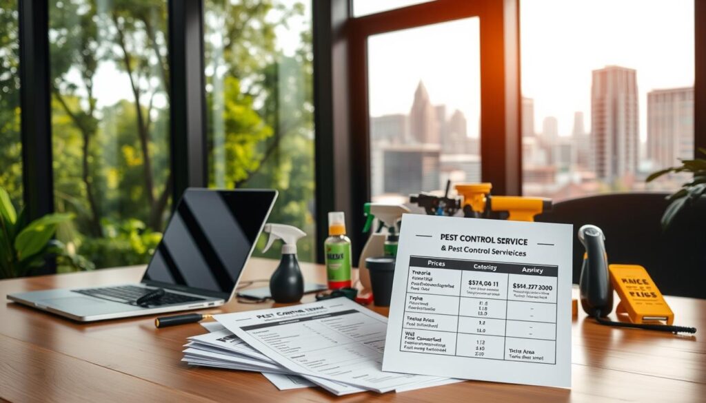 A modern, well-designed office space with a large window showcasing a lush, green outdoor scene. In the foreground, a desk with a laptop, phone, and a stack of documents depicting pest control service prices and cost breakdowns. The middle ground features various pest control equipment like spray canisters, dusters, and traps, all neatly arranged. The background depicts a cityscape of Pretoria, Centurion, and Johannesburg, conveying the local area being serviced. The lighting is warm and natural, creating a professional and trustworthy atmosphere. The overall composition emphasizes transparency, attention to detail, and a comprehensive pest control service offering. A modern, well-designed office space with a large window showcasing a lush, green outdoor scene. In the foreground, a desk with a laptop, phone, and a stack of documents depicting pest control service prices and cost breakdowns. The middle ground features various pest control equipment like spray canisters, dusters, and traps, all neatly arranged. The background depicts a cityscape of Pretoria, Centurion, and Johannesburg, conveying the local area being serviced. The lighting is warm and natural, creating a professional and trustworthy atmosphere. The overall composition emphasizes transparency, attention to detail, and a comprehensive pest control service offering.