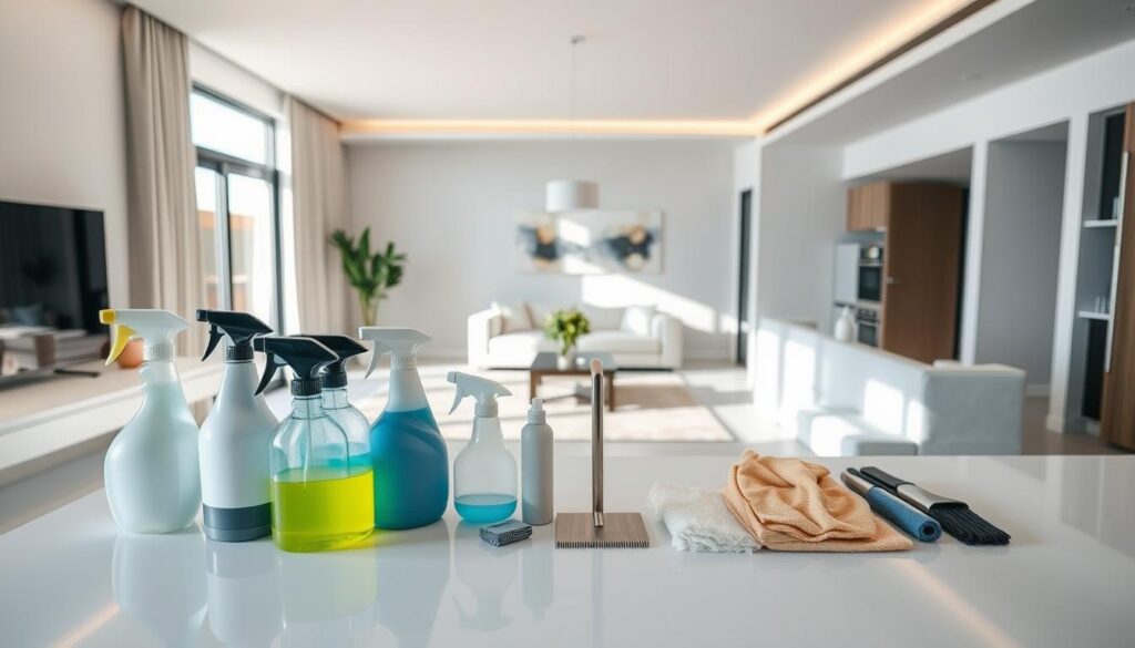 A modern, well-lit residential interior with a focus on cleaning solutions. In the foreground, an array of cleaning products, sprays, and equipment are neatly arranged on a sleek, minimalist countertop. The middle ground features a spacious, airy living room with minimalist furniture and large windows, allowing natural light to flood the space. In the background, glimpses of a kitchen and bathroom can be seen, hinting at the comprehensive cleaning services available. The overall atmosphere is one of efficiency, cleanliness, and attention to detail, reflecting the high-quality residential cleaning solutions offered across Gauteng. A modern, well-lit residential interior with a focus on cleaning solutions. In the foreground, an array of cleaning products, sprays, and equipment are neatly arranged on a sleek, minimalist countertop. The middle ground features a spacious, airy living room with minimalist furniture and large windows, allowing natural light to flood the space. In the background, glimpses of a kitchen and bathroom can be seen, hinting at the comprehensive cleaning services available. The overall atmosphere is one of efficiency, cleanliness, and attention to detail, reflecting the high-quality residential cleaning solutions offered across Gauteng.
