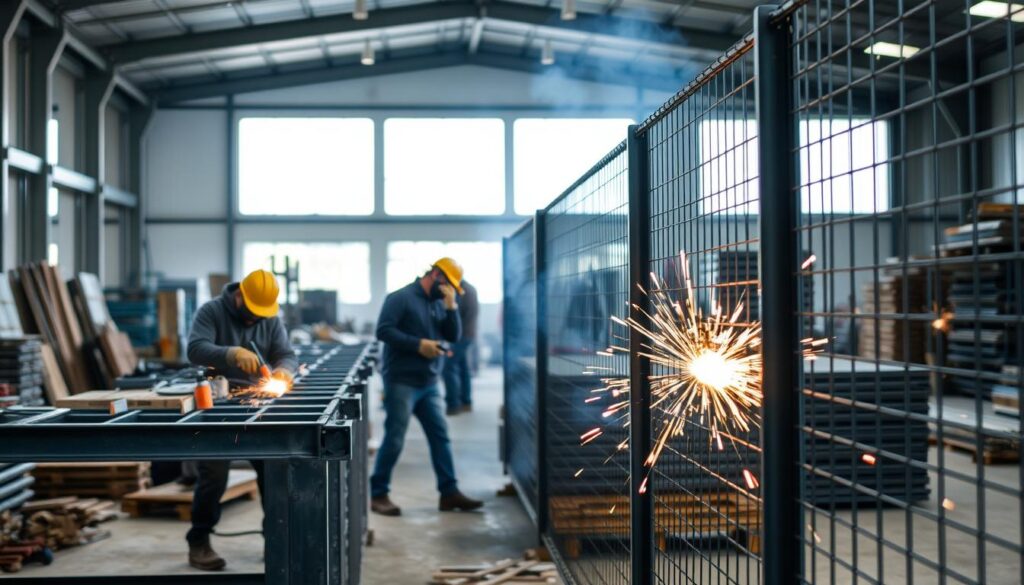 A palisade fence being constructed by certified welders in a well-lit, industrial setting. The foreground features skilled workers meticulously assembling the sturdy metal panels, sparks flying as they weld the joints. In the middle ground, high-quality materials like thick steel beams and thick mesh panels are stacked neatly, ready for installation. The background reveals the spacious workshop, with large windows allowing natural light to flood the scene, creating a bright and professional atmosphere. The workers wear protective gear, showcasing the safety and attention to detail that Handyman Pretoria brings to every project. A palisade fence being constructed by certified welders in a well-lit, industrial setting. The foreground features skilled workers meticulously assembling the sturdy metal panels, sparks flying as they weld the joints. In the middle ground, high-quality materials like thick steel beams and thick mesh panels are stacked neatly, ready for installation. The background reveals the spacious workshop, with large windows allowing natural light to flood the scene, creating a bright and professional atmosphere. The workers wear protective gear, showcasing the safety and attention to detail that Handyman Pretoria brings to every project.