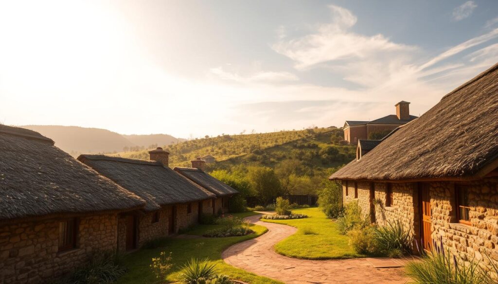 A picturesque cluster of thatched roof heritage properties nestled in a lush, verdant South African landscape. The foreground features a row of quaint, traditional cottages with intricate, straw-thatched roofs that gently slope down to the weathered stone walls. In the middle ground, a winding dirt path leads through a small, tranquil garden filled with indigenous flora. In the background, rolling hills dotted with indigenous trees and shrubs create a serene, rural backdrop. The scene is illuminated by warm, diffused sunlight filtering through wispy clouds, casting a soft, golden glow over the entire composition. A picturesque cluster of thatched roof heritage properties nestled in a lush, verdant South African landscape. The foreground features a row of quaint, traditional cottages with intricate, straw-thatched roofs that gently slope down to the weathered stone walls. In the middle ground, a winding dirt path leads through a small, tranquil garden filled with indigenous flora. In the background, rolling hills dotted with indigenous trees and shrubs create a serene, rural backdrop. The scene is illuminated by warm, diffused sunlight filtering through wispy clouds, casting a soft, golden glow over the entire composition.