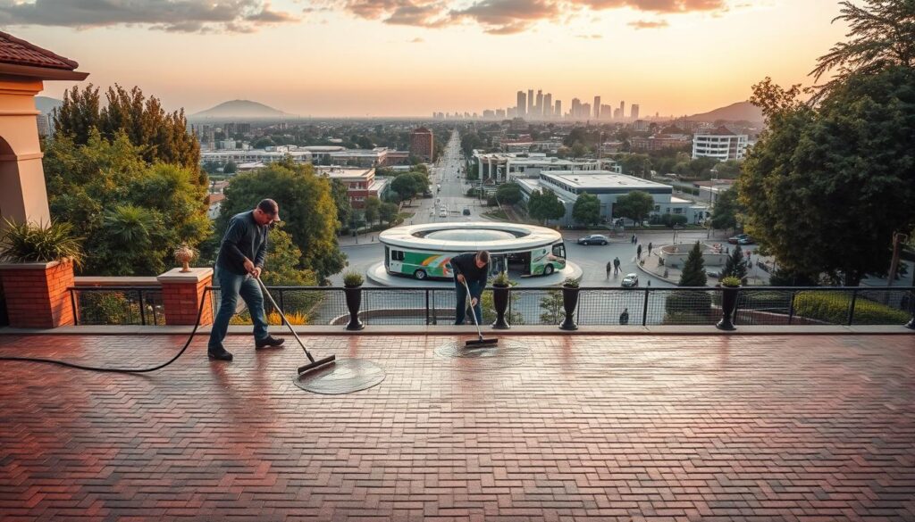 A picturesque scene of professional brick paving cleaners at work across the diverse landscapes of Gauteng, South Africa. In the foreground, skilled technicians meticulously scrub and restore the intricate patterns of a residential driveway, using specialized equipment and eco-friendly solutions. The middle ground captures a bustling commercial district, where teams of cleaners revitalize the weathered surfaces of plazas and walkways. In the background, the iconic skyline of Johannesburg rises, framed by lush greenery and a warm, golden-hour glow. The overall atmosphere conveys the dedication and expertise of Gauteng's premier paving cleaning services, showcasing their ability to transform even the most weathered surfaces into pristine, high-quality finishes. A picturesque scene of professional brick paving cleaners at work across the diverse landscapes of Gauteng, South Africa. In the foreground, skilled technicians meticulously scrub and restore the intricate patterns of a residential driveway, using specialized equipment and eco-friendly solutions. The middle ground captures a bustling commercial district, where teams of cleaners revitalize the weathered surfaces of plazas and walkways. In the background, the iconic skyline of Johannesburg rises, framed by lush greenery and a warm, golden-hour glow. The overall atmosphere conveys the dedication and expertise of Gauteng's premier paving cleaning services, showcasing their ability to transform even the most weathered surfaces into pristine, high-quality finishes.