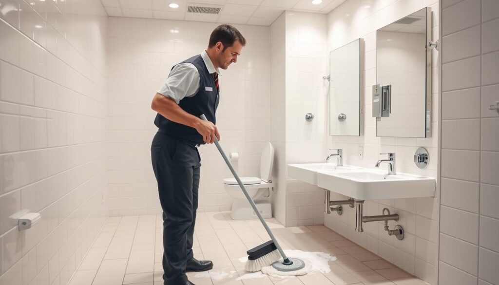 A pristine commercial bathroom undergoing professional sanitization. In the foreground, a uniformed custodian diligently scrubbing tiles with a long-handled brush, disinfectant solution foaming. The middle ground reveals a gleaming sink and mirror, the chrome fixtures sparkling under the warm, diffused lighting. In the background, pristine white walls and a spotless tiled floor, conveying a sense of order, cleanliness, and attention to detail. The atmosphere is one of hygienic efficiency, as the custodian methodically maintains the bathroom's impeccable sanitation standards. A pristine commercial bathroom undergoing professional sanitization. In the foreground, a uniformed custodian diligently scrubbing tiles with a long-handled brush, disinfectant solution foaming. The middle ground reveals a gleaming sink and mirror, the chrome fixtures sparkling under the warm, diffused lighting. In the background, pristine white walls and a spotless tiled floor, conveying a sense of order, cleanliness, and attention to detail. The atmosphere is one of hygienic efficiency, as the custodian methodically maintains the bathroom's impeccable sanitation standards.