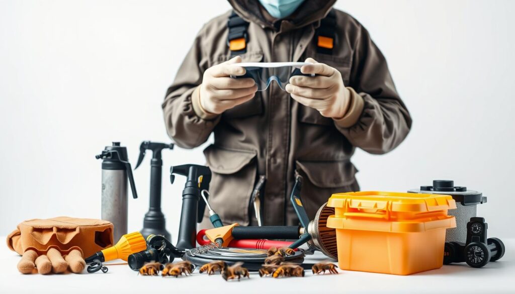 A professional bee removal technician examining their specialized equipment against a clean, white background. In the foreground, a variety of safety gear including a protective suit, gloves, and goggles. In the middle ground, various tools like a bee smoker, hive tool, and sealed containers. The background showcases the technical expertise and safety standards required for effective and responsible bee nest removal. Soft, natural lighting highlights the premium quality and attention to detail of the professional equipment. The overall scene conveys a sense of competence, safety, and commitment to providing a reliable bee removal service. A professional bee removal technician examining their specialized equipment against a clean, white background. In the foreground, a variety of safety gear including a protective suit, gloves, and goggles. In the middle ground, various tools like a bee smoker, hive tool, and sealed containers. The background showcases the technical expertise and safety standards required for effective and responsible bee nest removal. Soft, natural lighting highlights the premium quality and attention to detail of the professional equipment. The overall scene conveys a sense of competence, safety, and commitment to providing a reliable bee removal service.