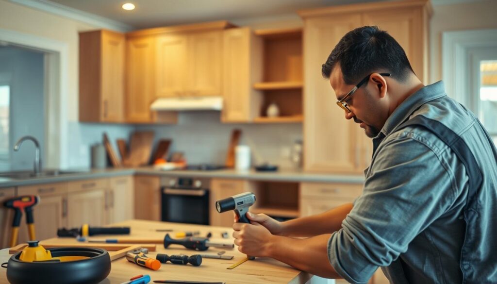 A professional kitchen cabinet installation labor cost scene, shot with a wide-angle lens in soft, natural lighting. The foreground features a skilled tradesperson carefully measuring and marking the cabinet placement, while the middle ground showcases the various tools and equipment used in the installation process. The background reveals the clean, organized workspace of a residential kitchen, with a glimpse of the existing cabinets and countertops. The overall mood conveys a sense of precision, expertise, and attention to detail required for a high-quality cabinet installation project in South Africa. A professional kitchen cabinet installation labor cost scene, shot with a wide-angle lens in soft, natural lighting. The foreground features a skilled tradesperson carefully measuring and marking the cabinet placement, while the middle ground showcases the various tools and equipment used in the installation process. The background reveals the clean, organized workspace of a residential kitchen, with a glimpse of the existing cabinets and countertops. The overall mood conveys a sense of precision, expertise, and attention to detail required for a high-quality cabinet installation project in South Africa.